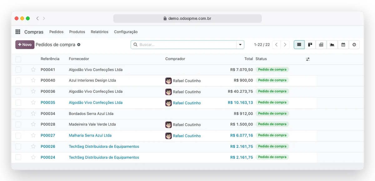 RobSolution purchase orders screen with vendors, totals and status