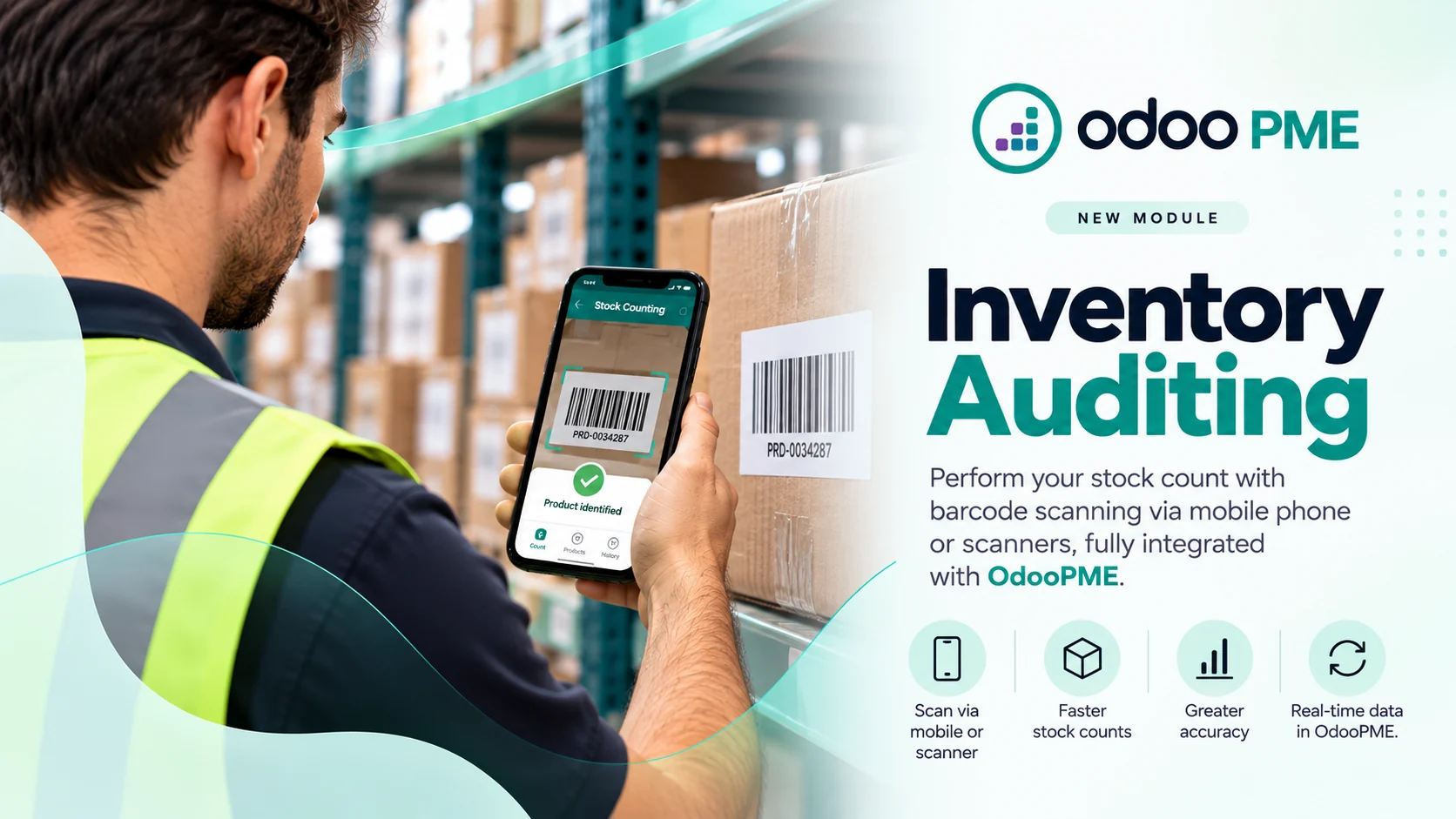 Warehouse worker scanning a box label with a phone for RobSolution inventory auditing